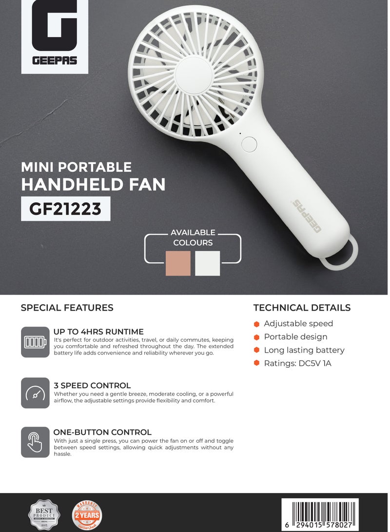 جيباس مروحة يدوية محمولة صغيرة | 3 إعدادات سرعة، 4 ساعات عمر بطارية | تحكم بزر واحد، قابلة لإعادة الشحن، تصميم مدمج | GF21223 - Image 3