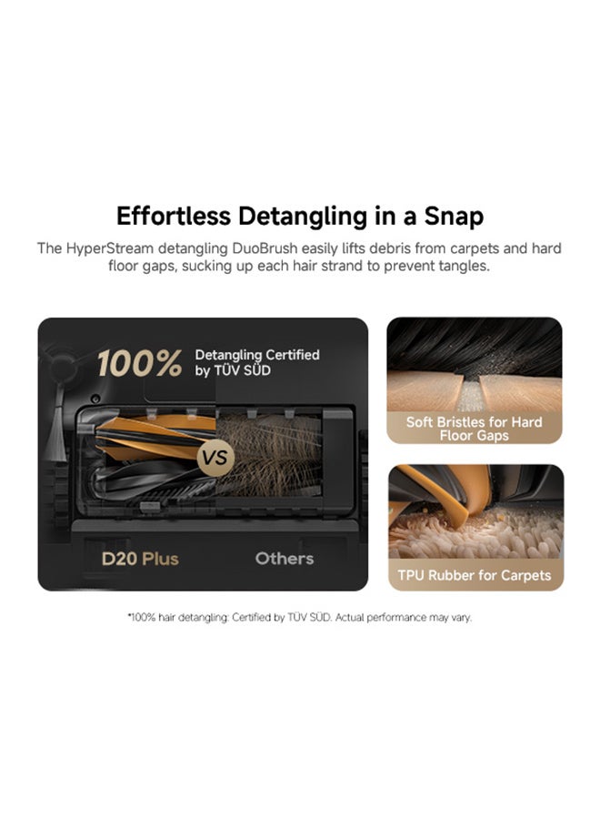 دريم روبوت مكنسة دريم D20 بلس، شفط 13,000Pa، فرشاة مزدوجة لتجنب تشابك الشعر، كيس غبار سعة 5 لتر لمدة 150 يوم، نظام ملاحة LDS، مكنسة وممسحة 2 في 1، بطارية 5,200mAh، ضمان لمدة سنتين، أسود - Image 4