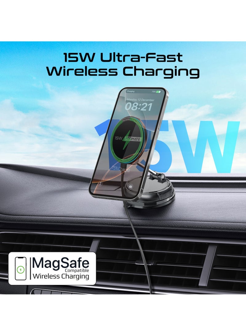 PROMATE Fast Wireless Charger Mount for MagSafe iPhones, Magnetic Car Phone Holder with 360° Rotation, 16N Strong Grip, Dual USB-C, Foldable Design, Durable Zinc Alloy, ABS PC Material RevoMount 15W - Black - Image 4