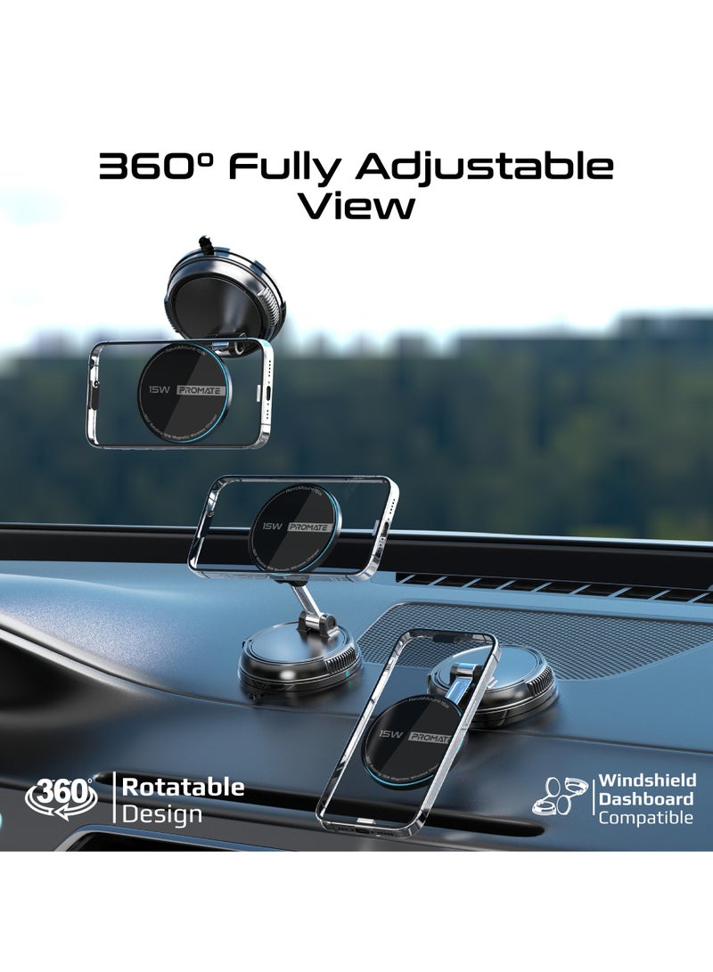 PROMATE Fast Wireless Charger Mount for MagSafe iPhones, Magnetic Car Phone Holder with 360° Rotation, 16N Strong Grip, Dual USB-C, Foldable Design, Durable Zinc Alloy, ABS PC Material RevoMount 15W - Black - Image 3