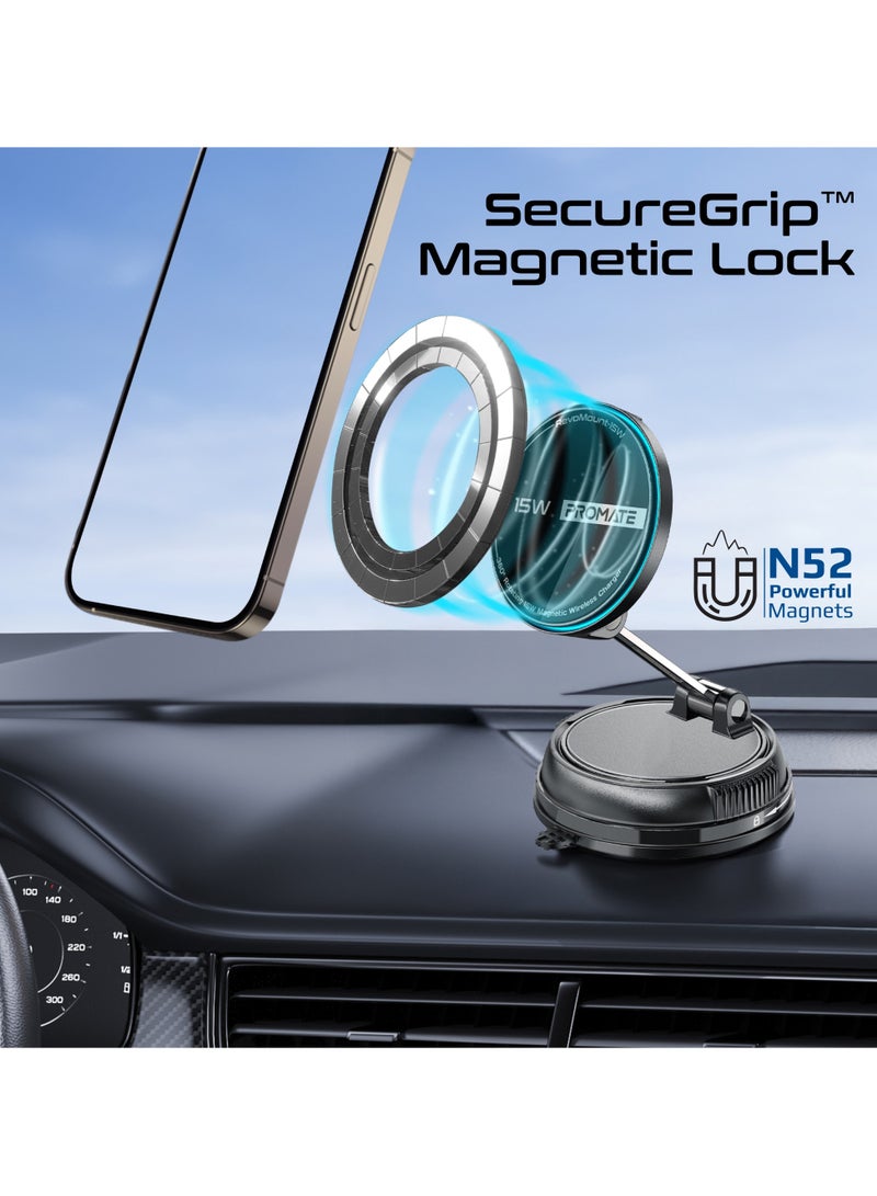 PROMATE Fast Wireless Charger Mount for MagSafe iPhones, Magnetic Car Phone Holder with 360° Rotation, 16N Strong Grip, Dual USB-C, Foldable Design, Durable Zinc Alloy, ABS PC Material RevoMount 15W - Black - Image 2