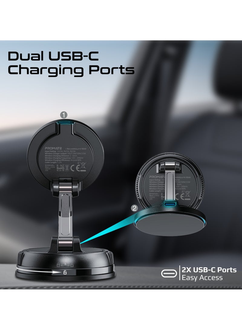 PROMATE Fast Wireless Charger Mount for MagSafe iPhones, Magnetic Car Phone Holder with 360° Rotation, 16N Strong Grip, Dual USB-C, Foldable Design, Durable Zinc Alloy, ABS PC Material RevoMount 15W - Black - Image 5