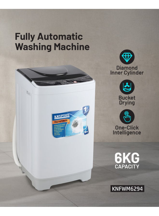 كريبتون غسالة ملابس أوتوماتيكية بالكامل سعة 6 كجم | تحميل علوي مزودة بمروحة كبيرة، شاشة رقمية، مضادة للاهتزاز والضوضاء، قفل للأطفال، وظيفة تجفيف الهواء، تحكم تلقائي في عدم التوازن - ضمان سنة واحدة KNFWM6294 أبيض - Image 1