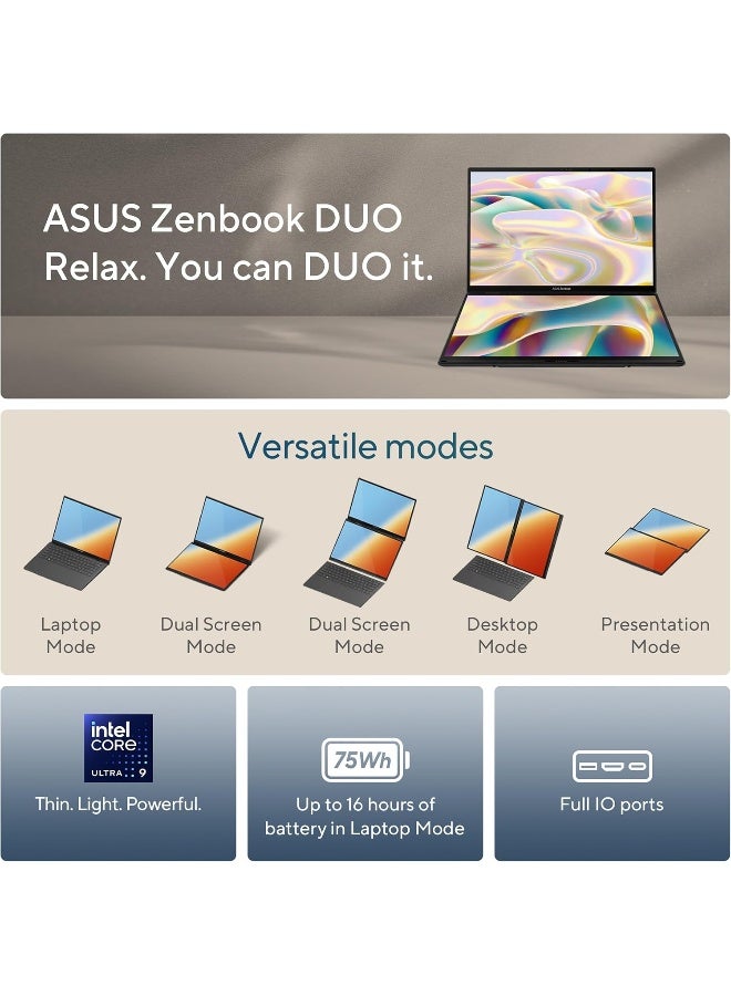 ASUS Zenbook Duo Laptop With 14-Inch WUXGA Display,Core Ultra 9 285H Processor/32GB RAM/2TB SSD/Intel Arc 140V Graphics/Windows 11 Home English Inkwell Gray English Inkwell Gray - Image 3