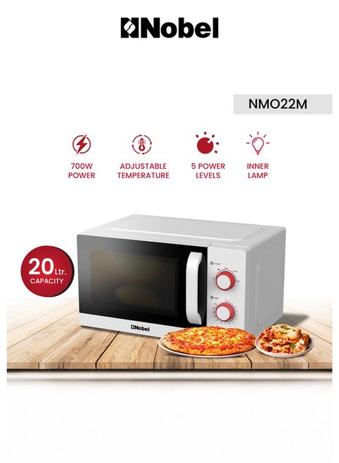 Microwave Oven 20L with Mechanical Knob Control, 5 Power Levels, Cooking End Signal, and Turntable Glass Tray 20 L 700 W NMO22M white
