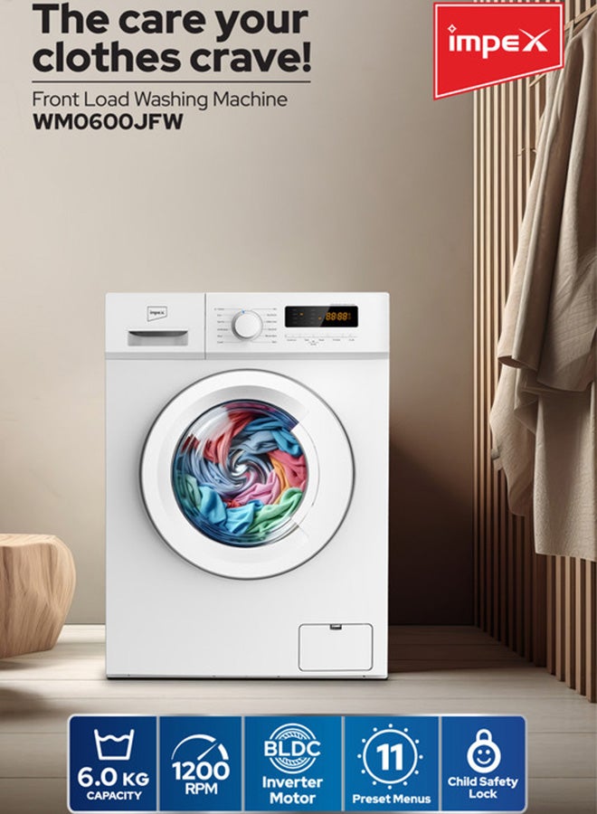 إمبكس 6 Kg Front Load Washing Machine | 1200 RPM | BLDC Inverter Motor | 11 Wash Programs & 5 Advanced Functions | LED Display | Child Lock | Temperature & Speed Control | Time Delay Function | Energy Efficient | WM0600JFW 6 L 1600 W WM0600JFW white - Image 2