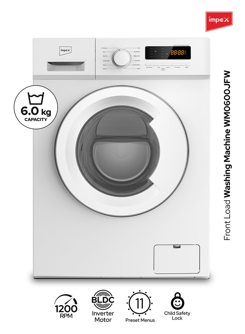 إمبكس غسالة ملابس أمامية 6 كجم | 1200 دورة في الدقيقة | محرك عاكس BLDC | 11 برنامج غسيل و 5 وظائف متقدمة | شاشة LED | قفل للأطفال | التحكم في درجة الحرارة والسرعة | وظيفة تأخير الوقت | كفاءة في استهلاك الطاقة | WM0600JFW - Image 1