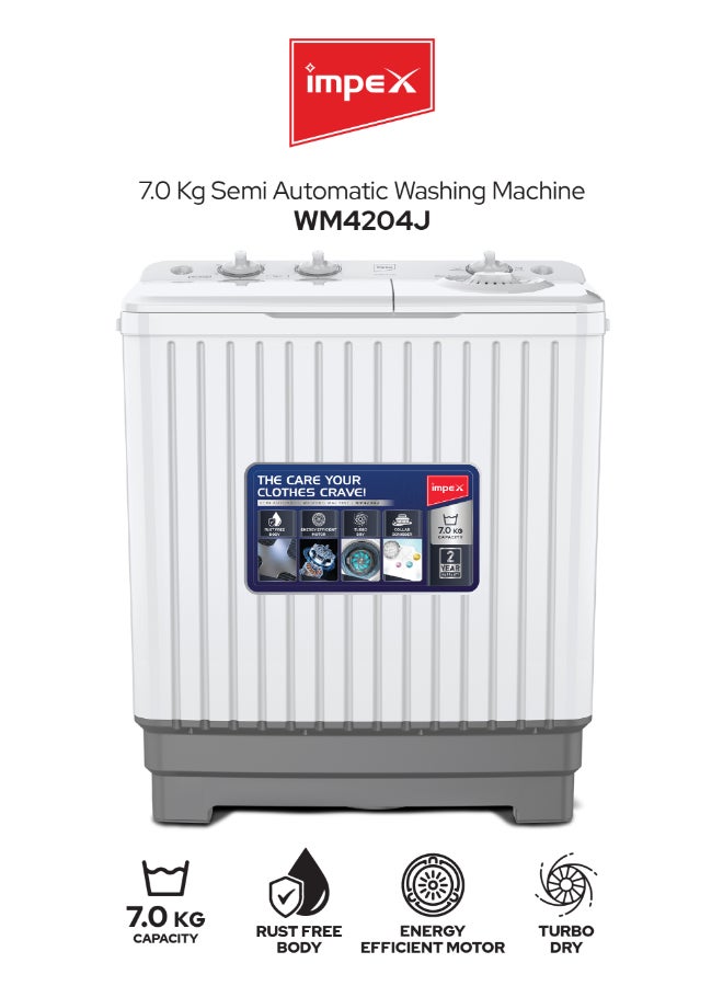 إمبكس 7Kg Twin Tub Semi-Automatic Washing Machine Appliance, Air Turbo Dry, Low Noise Energy Efficient Motor, Handwash Design, Collar Scrubber 7 kg WM 4204J White - Image 1