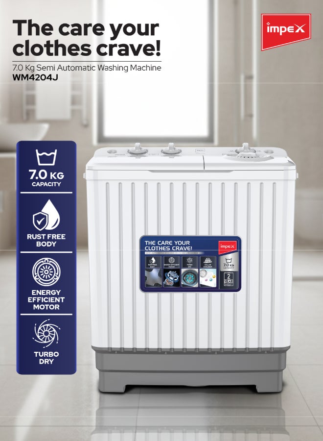 إمبكس 7Kg Twin Tub Semi-Automatic Washing Machine Appliance, Air Turbo Dry, Low Noise Energy Efficient Motor, Handwash Design, Collar Scrubber 7 kg WM 4204J White - Image 2