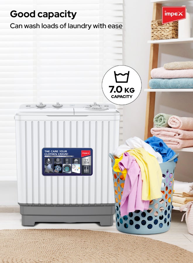 إمبكس 7Kg Twin Tub Semi-Automatic Washing Machine Appliance, Air Turbo Dry, Low Noise Energy Efficient Motor, Handwash Design, Collar Scrubber 7 kg WM 4204J White - Image 3