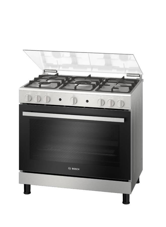 Bosch HGV1F8Y50S Freestanding Gas Cooker, 90 cm, 5 Burners, XXL 147L Oven, Rotisserie Function, Stainless Steel – Series 2 HGV1F8Y50S stainless steel