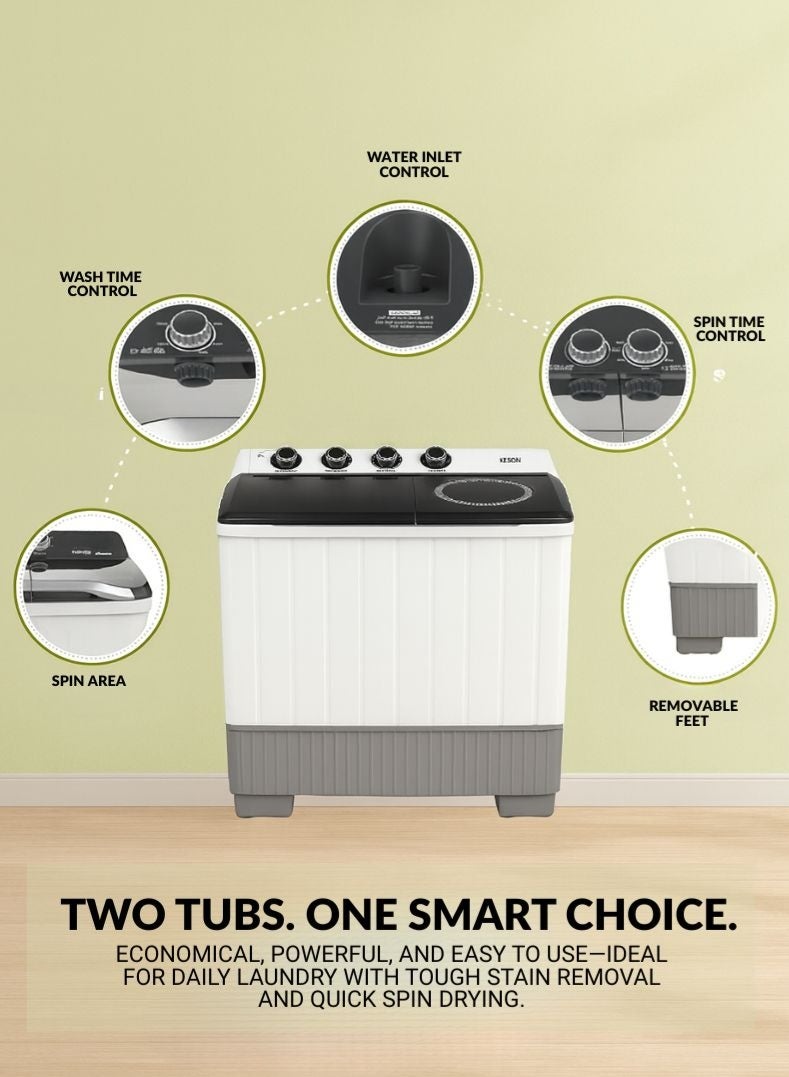 كيلون غسالة ملابس شبه أوتوماتيكية 10 كجم - تصميم حوضين، غسيل وتجفيف قوي، موفرة للمياه والطاقة، هيكل مقاوم للصدأ، تشغيل منخفض الضوضاء، تشطيب أبيض - نموذج KWSBE101 - Image 2