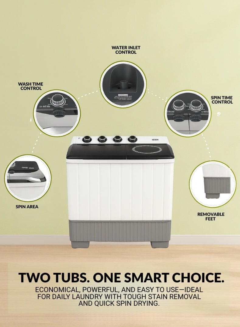 كيلون غسالة ملابس شبه أوتوماتيكية 14 كجم - تصميم حوضين، سعة غسيل وتجفيف كبيرة جداً، نابض قوي، موفرة للمياه والطاقة، هيكل مقاوم للصدأ، تشغيل منخفض الضوضاء - موديل KWSBE141 - Image 2