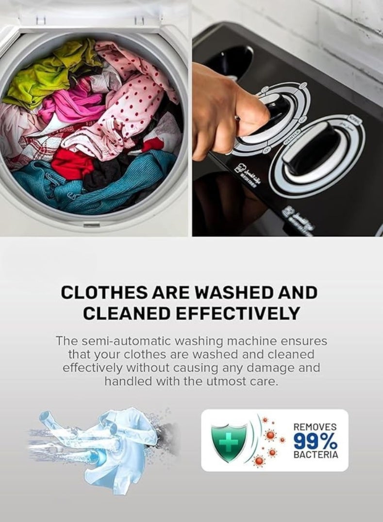 كيلون غسالة ملابس شبه أوتوماتيكية 14 كجم - تصميم حوضين، سعة غسيل وتجفيف كبيرة جداً، نابض قوي، موفرة للمياه والطاقة، هيكل مقاوم للصدأ، تشغيل منخفض الضوضاء - موديل KWSBE141 - Image 3