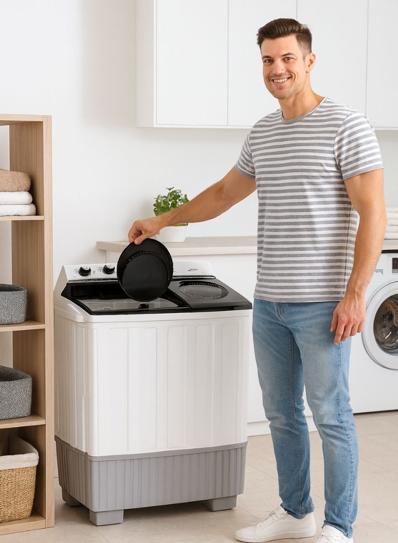 كيلون غسالة ملابس شبه أوتوماتيكية تحميل علوي سعة 20 كجم - تصميم حوضين، سعة غسيل ودوران فائقة، محرك قوي، كفاءة في استهلاك الماء والطاقة، هيكل مقاوم للصدأ، تشغيل منخفض الضوضاء - نموذج KWSBE201 - Image 5