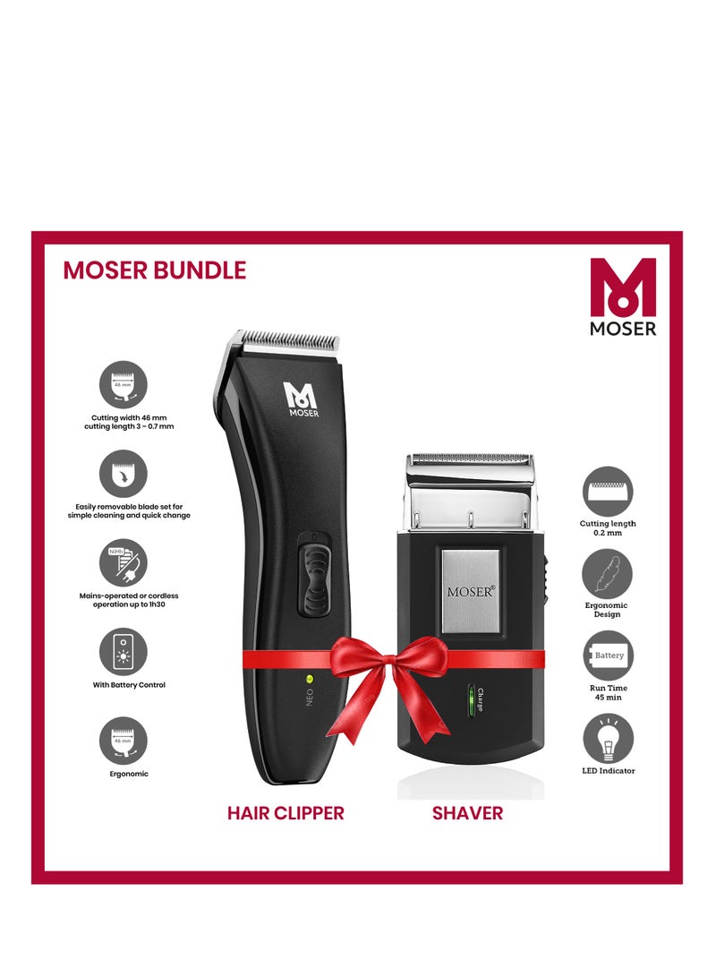 MOSER Professional Grooming Set, Hair Clipper with 46mm Cutting Width & Mobile Shaver, Cordless/Corded Operation, LED Indicator, 45-Min Runtime - 1886-0151+3615-0052B Black - Image 1