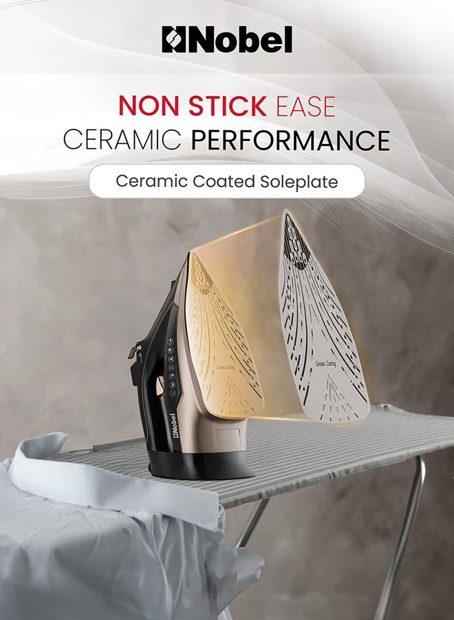 نوبل مكواة بخار، كي جاف، رش وبخار، قاعدة سيراميك سعة 320 مل، تنظيف ذاتي، دفعة قوية وبخار عمودي، تحكم قابل للتعديل، سلك دوار 360°، أمان من السخونة الزائدة - Image 5