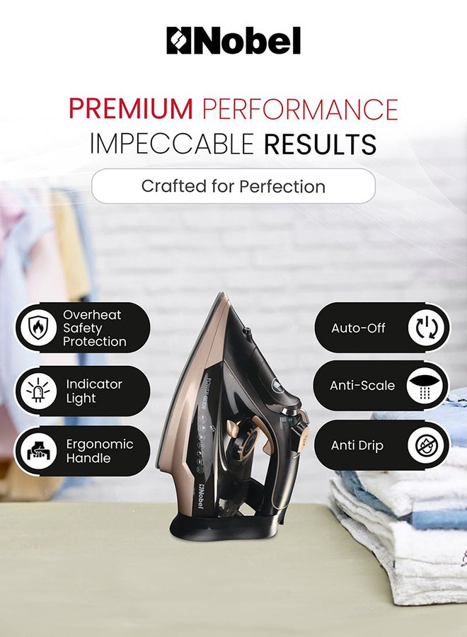نوبل مكواة بخار، كي جاف، رش وبخار، قاعدة سيراميك سعة 320 مل، تنظيف ذاتي، دفعة قوية وبخار عمودي، تحكم قابل للتعديل، سلك دوار 360°، أمان من السخونة الزائدة - Image 3