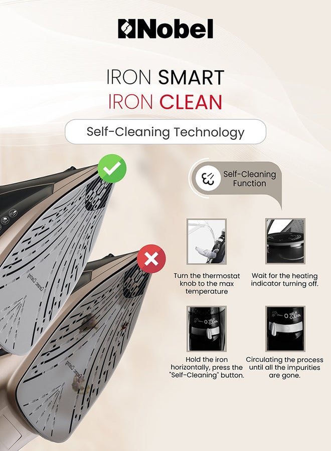 نوبل مكواة بخار، كي جاف، رش وبخار، قاعدة سيراميك سعة 320 مل، تنظيف ذاتي، دفعة قوية وبخار عمودي، تحكم قابل للتعديل، سلك دوار 360°، أمان من السخونة الزائدة - Image 4