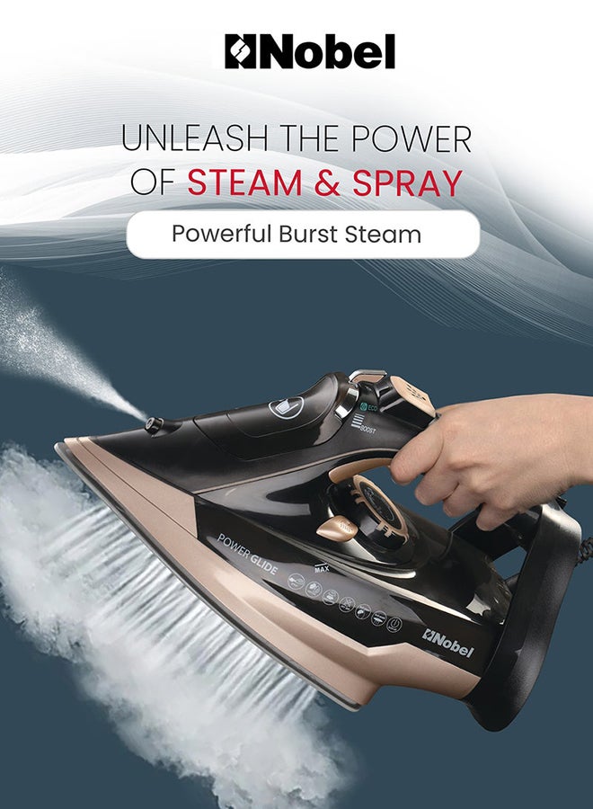 نوبل مكواة بخار، كي جاف، رش وبخار، قاعدة سيراميك سعة 320 مل، تنظيف ذاتي، دفعة قوية وبخار عمودي، تحكم قابل للتعديل، سلك دوار 360°، أمان من السخونة الزائدة - Image 2