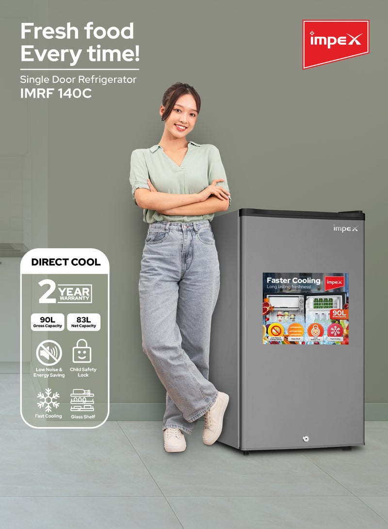 Impex 90L Gross/83L Net Single Door Refrigerator (IMRF 140C), 8L Freezer Fast Cooling, Glass Shelf, Child Safety Lock, Fast Cooling, Low Noise, Energy Saving Fridge – 2 Year Warranty 60 W IMRF 140C Dark Grey - Image 2