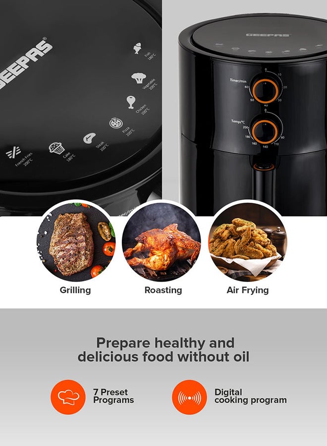 جيباس قلاية هوائية سعة 4 لتر | طلاء غير لاصق بتقنية القلي الدوامي | متعددة الوظائف، مؤقت من 1-60 دقيقة، درجة حرارة 80-200 درجة مئوية | مثالية للبطاطس، الستيك، الدجاج، الكعك، اللحم، الخبز وغيرها | ضمان 2 سنة سعة 4 لتر - Image 3