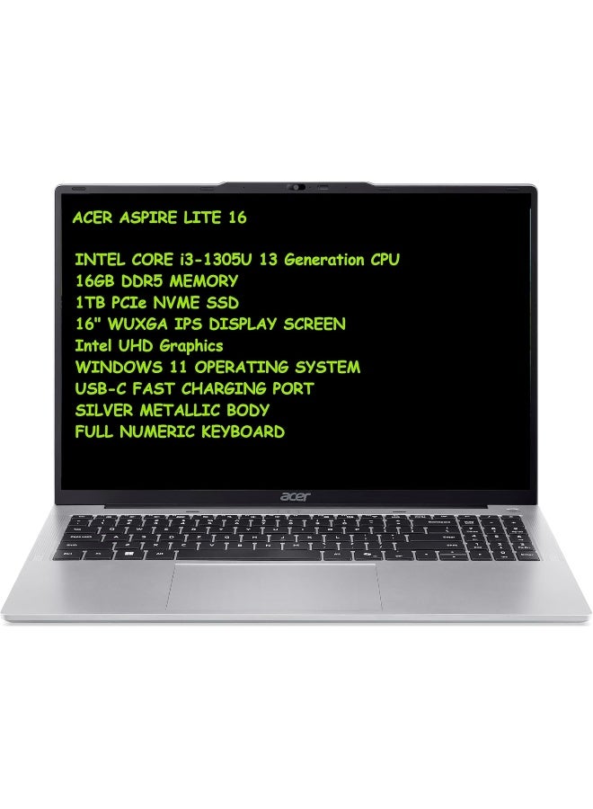 Acer (Upgraded Version) Aspire Lite 16 Laptop With 16-Inch WUXGA Display,Core i3-1305U Processor/16GB RAM/1TB SSD/Intel UHD Graphics/Windows 11 Pro English Silver English Silver - Image 2