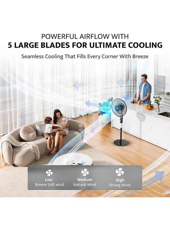 Krome 16" Pedestal Fan | High-Speed Copper Motor | 5-Blade Design for Powerful Airflow | 3 Speed Levels And 60-Min Timer | Adjustable Height And Easy Control Panel 70 W KR-PF 16WT Black - Image 4