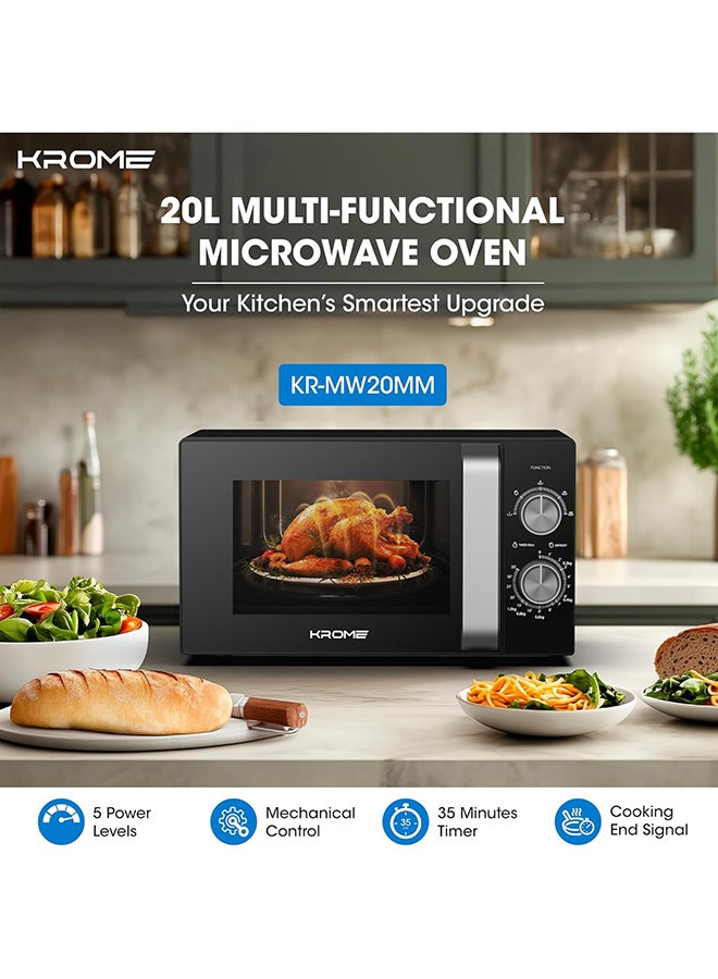 Krome Microwave Oven, 20L Capacity, 700W Output, 5 Power Levels, 35 Minute Timer, Cooking End Signal, Grey Painted Cavity - KR-MW20MM Black - Image 2