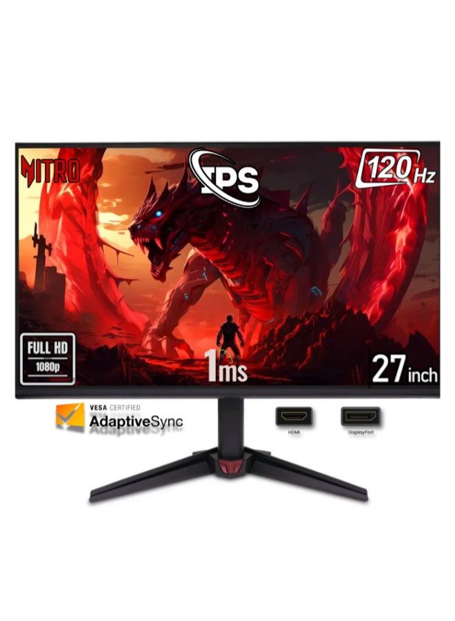 Acer 27 inch Acer Nitro VG270G Gaming Monitor (1920×1080) FHD IPS with 120Hz Refresh Rate, 1ms VRB Response Time, AMD FreeSync, Eye Protection Mode, 3-Side Borderless Design, x1 HDMI & x1 DisplayPort, 250 nits Brightness | UM.HV0EE.G04 - Black - Image 1