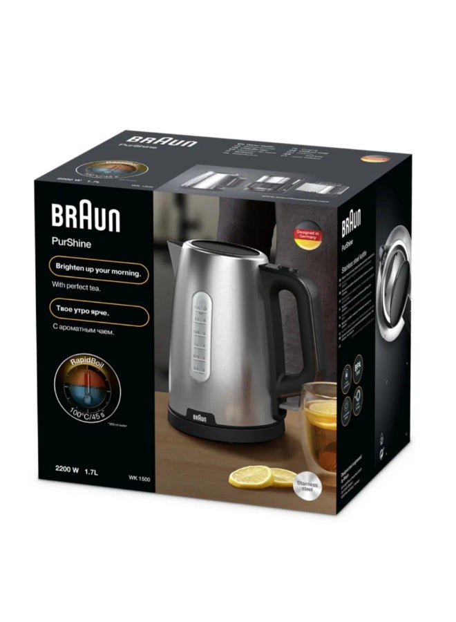 BRAUN 2200W PurShine Stainless Steel Kettle Silver and Black 1.7 L BRWK1500BK 1.7 L 2200 W BRWK1500BK Silver and Black - Image 4