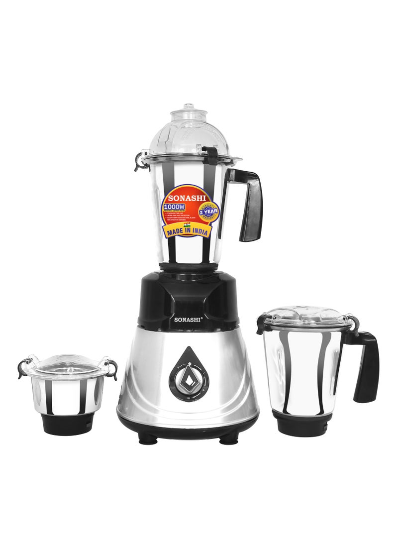 SONASHI 3-in-1 Mixer Grinder with 3 Stainless Steel Jars & Sharp Blades 1000W, Motor Overheat Protection, 3 Speeds + Pulse, Safety Lock, ABS Body, Liquidizing, Dry & Chutney Jars Included, SB-208 1.5 L 1000 W SB-208 silver - Image 1