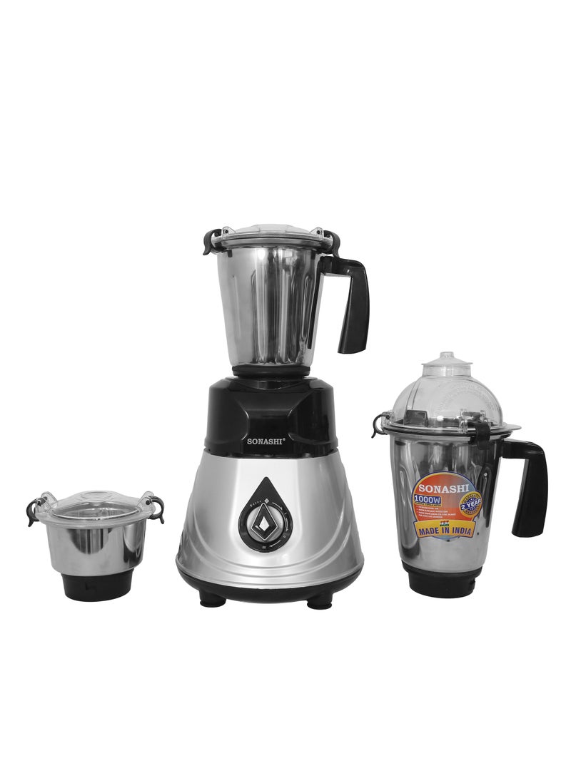 SONASHI 3-in-1 Mixer Grinder with 3 Stainless Steel Jars & Sharp Blades 1000W, Motor Overheat Protection, 3 Speeds + Pulse, Safety Lock, ABS Body, Liquidizing, Dry & Chutney Jars Included, SB-208 1.5 L 1000 W SB-208 silver - Image 3