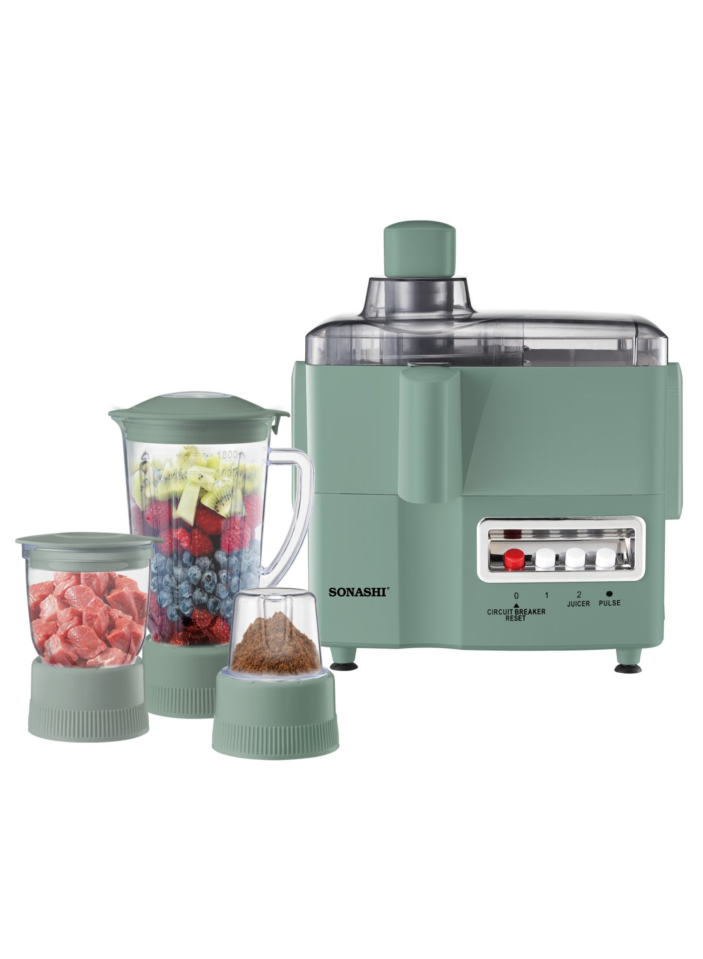 4 in 1 Juicer Blender – 650W, 2-Speed with Pulse, 1.8L Unbreakable Jar, Mincer & Grinder, Stainless Steel Grater, Easy-Clean, Overheat Protection, Safety Lock – AC220-240V, SJB-309 Green 1.8 L 650 W SJB-309 green