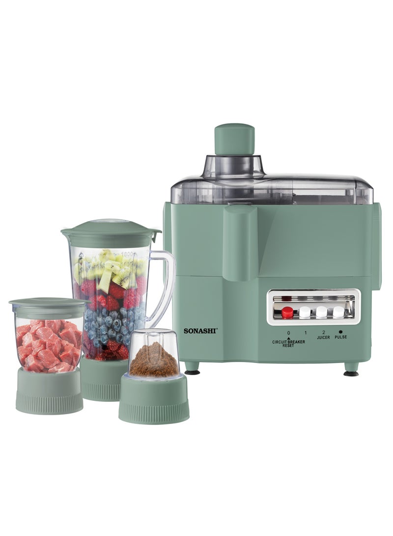 سوناشي 4 in 1 Juicer Blender – 650W, 2-Speed with Pulse, 1.8L Unbreakable Jar, Mincer & Grinder, Stainless Steel Grater, Easy-Clean, Overheat Protection, Safety Lock – AC220-240V, SJB-309 Green 1.8 L 650 W SJB-309 green - Image 1