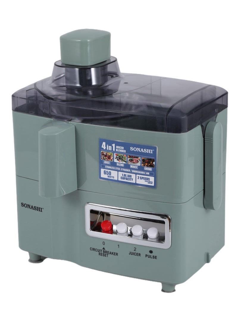 سوناشي 4 in 1 Juicer Blender – 650W, 2-Speed with Pulse, 1.8L Unbreakable Jar, Mincer & Grinder, Stainless Steel Grater, Easy-Clean, Overheat Protection, Safety Lock – AC220-240V, SJB-309 Green 1.8 L 650 W SJB-309 green - Image 3