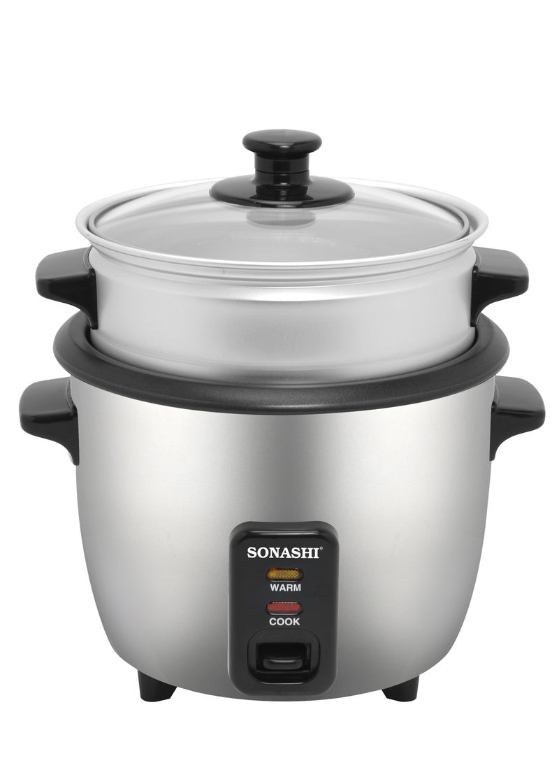 SONASHI 0.6L Drum Rice Cooker with Non-Stick Inner Pot and Metal Housing – Auto Shut-Off, Keep Warm Function, Tempered Glass Lid, Steamer, Measuring Cup & Spoon, Steam Veggies in Less Time – 300W, 220-240V, SRC-306 Silver 0.6 L 300 W SRC-306 silver - Image 1