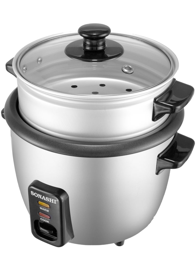 SONASHI 0.6L Drum Rice Cooker with Non-Stick Inner Pot and Metal Housing – Auto Shut-Off, Keep Warm Function, Tempered Glass Lid, Steamer, Measuring Cup & Spoon, Steam Veggies in Less Time – 300W, 220-240V, SRC-306 Silver 0.6 L 300 W SRC-306 silver - Image 3