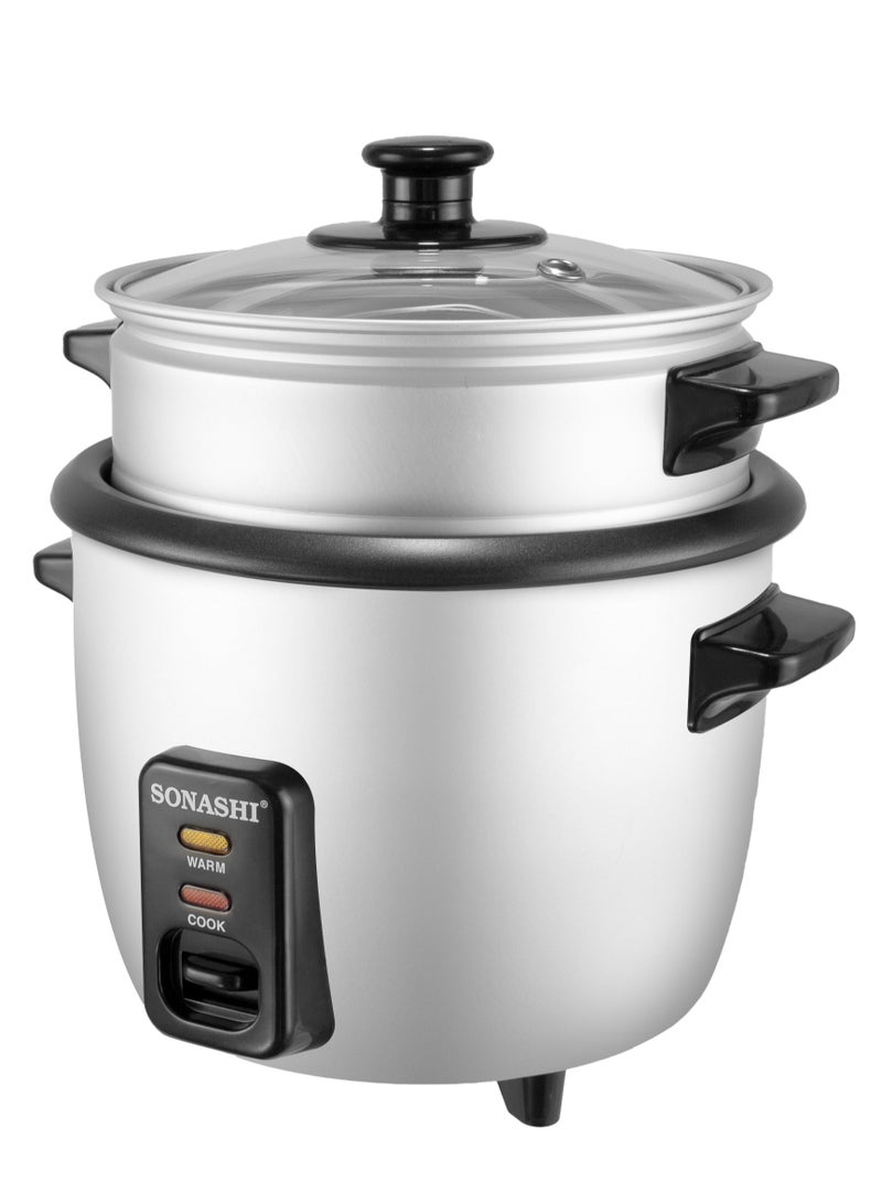 SONASHI 0.6L Drum Rice Cooker with Non-Stick Inner Pot and Metal Housing – Auto Shut-Off, Keep Warm Function, Tempered Glass Lid, Steamer, Measuring Cup & Spoon, Steam Veggies in Less Time – 300W, 220-240V, SRC-306 Silver 0.6 L 300 W SRC-306 silver - Image 2