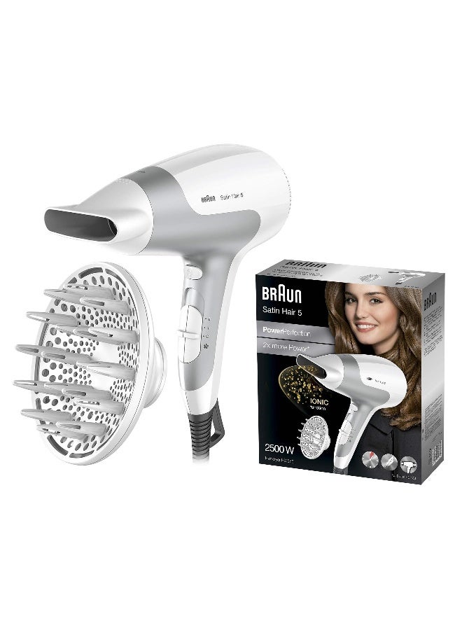 BRAUN Satin Hair 5, PowerPerfection Dryer, Ionic Function, Ultra Powerful, Light Weight, With Diffuser, 2500 Watts - BRHD585 white 25.1 x 10.01 x 28.6cm - Image 1