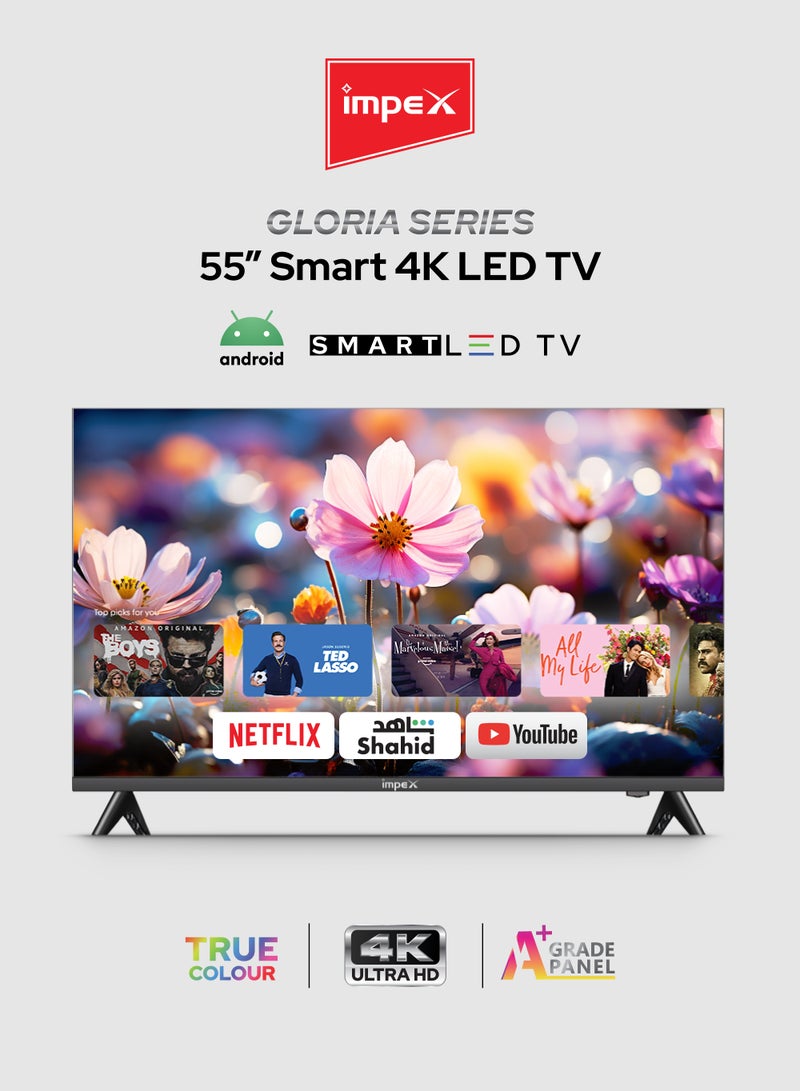 Impex 55-Inch 4K Ultra HD Smart LED TV | Android 15, Quad Core Television, 8GB Storage + 1.5GB RAM, Frameless Design, A+ Panel, WiFi/HDMI/USB, 178° Wide Viewing, Smart Energy Saving – 2 Year Warranty (Gloria 55 UHD Smart) Gloria 55 UHD Smart Black - Image 1