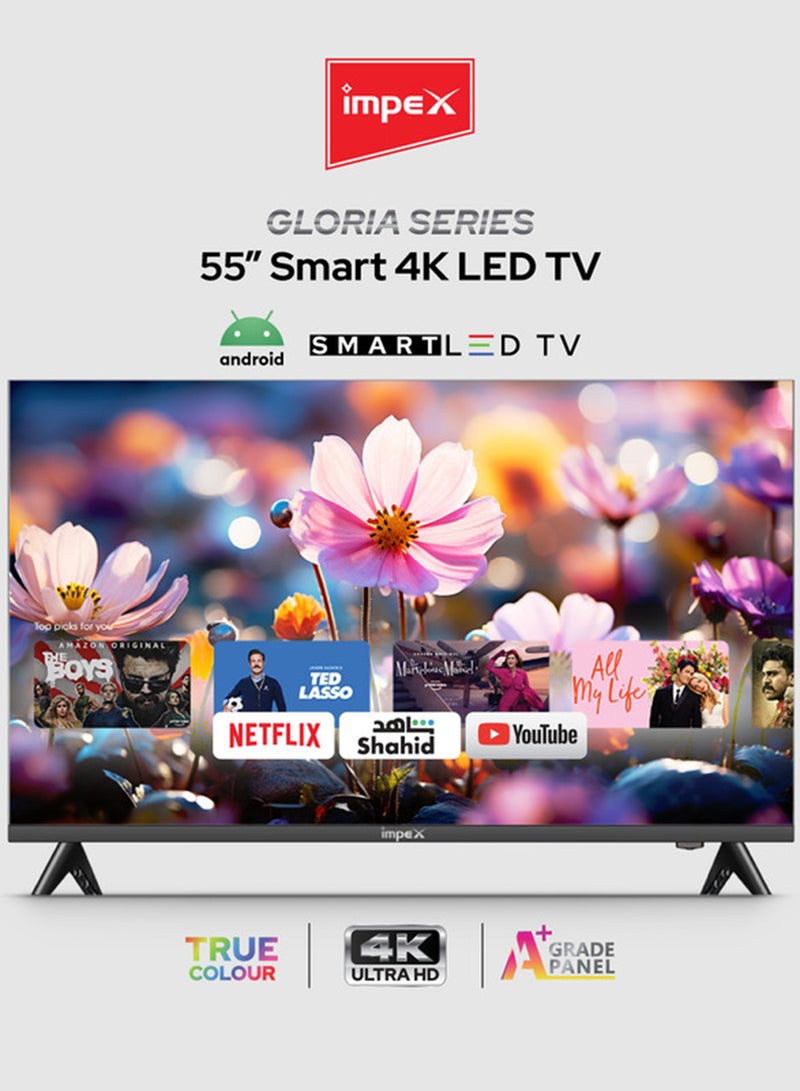إمبكس تلفاز ذكي LED 55 بوصة 4K Ultra HD | تلفاز أندرويد 15، معالج رباعي النواة، 8 جيجابايت تخزين + 1.5 جيجابايت RAM، تصميم بدون إطار، لوحة A+، واي فاي/HDMI/USB، زاوية عرض واسعة 178°، توفير طاقة ذكي – ضمان لمدة سنتين (غلويا 55 UHD سمارت) - Image 1