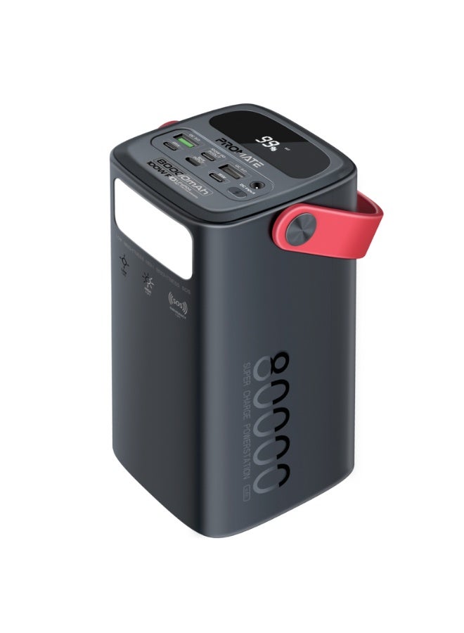 بروميت باور بانك/ محطة طاقة محمولة 80,000 مللي أمبير/ساعة مع USB-C PD بقوة 100 وات، وشحن 4 أجهزة، ومنافذ USB-C وUSB-A، ومدخل Lightning والطاقة الشمسية، وبطارية LiFePO4، ومصباح يدوي LED، ومقبض جلدي، وباور بانك خارجي - Image 2