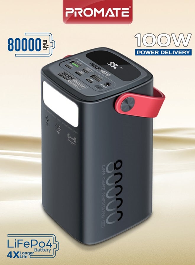 بروميت باور بانك/ محطة طاقة محمولة 80,000 مللي أمبير/ساعة مع USB-C PD بقوة 100 وات، وشحن 4 أجهزة، ومنافذ USB-C وUSB-A، ومدخل Lightning والطاقة الشمسية، وبطارية LiFePO4، ومصباح يدوي LED، ومقبض جلدي، وباور بانك خارجي - Image 1