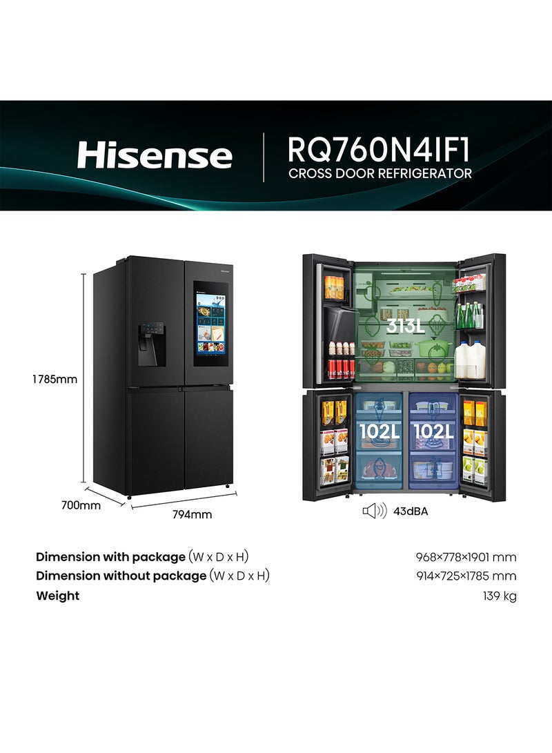Hisense Gross 759L/Net 760L Cross Door Refrigerator Fridge RQ760N4IF1, TFT Screen, Ice& Water Despneser, Smart Connectivity, Smart Diagnostic, Shopping List Function, Food Inventory Monitor, Impressive Recipes Function, Albums, Message Board, Screen Shareing, Premium Flat Door Design,Triple Cooling Zone, Antibacterial Guard, Inverter RQ760N4IF1 black - Image 3