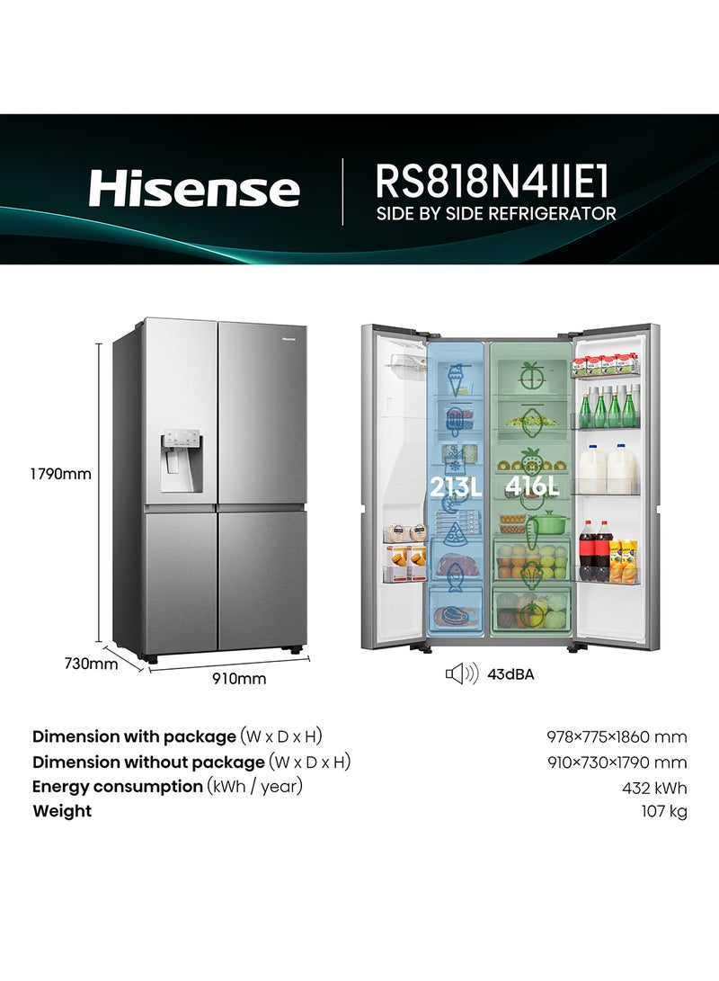 Hisense Gross 819L/Net 632L Side By Side Refrigerator Fridge RS818N4IIE, Ice& Water Despenser, Food Management, Smart Connectivity, Digital Temp Sensor, Big Capacity, Metal Tech Cooling, Muti Air Flow System, Dual Temp Control Zone, Durable Inverter, Moisture Fresh Crisper, Inverter RS818N4IIEI Inox - Image 3