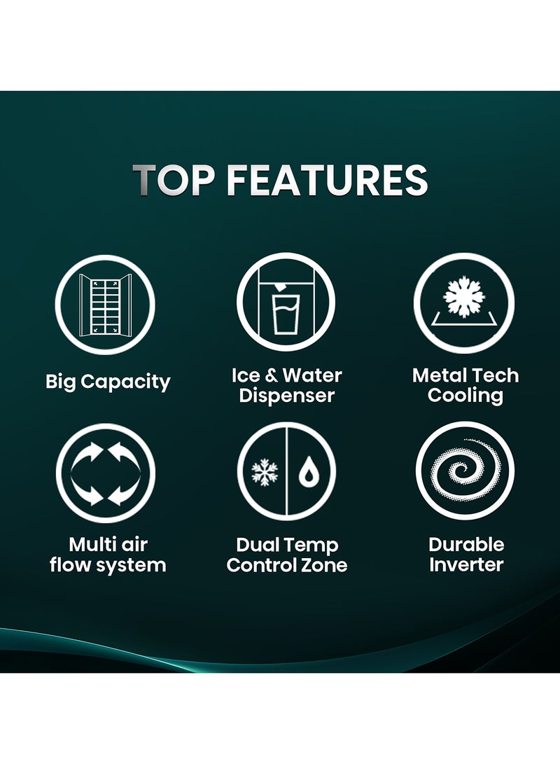 Hisense Gross 819L/Net 632L Side By Side Refrigerator Fridge RS818N4IIE, Ice& Water Despenser, Food Management, Smart Connectivity, Digital Temp Sensor, Big Capacity, Metal Tech Cooling, Muti Air Flow System, Dual Temp Control Zone, Durable Inverter, Moisture Fresh Crisper, Inverter RS818N4IIEI Inox - Image 4