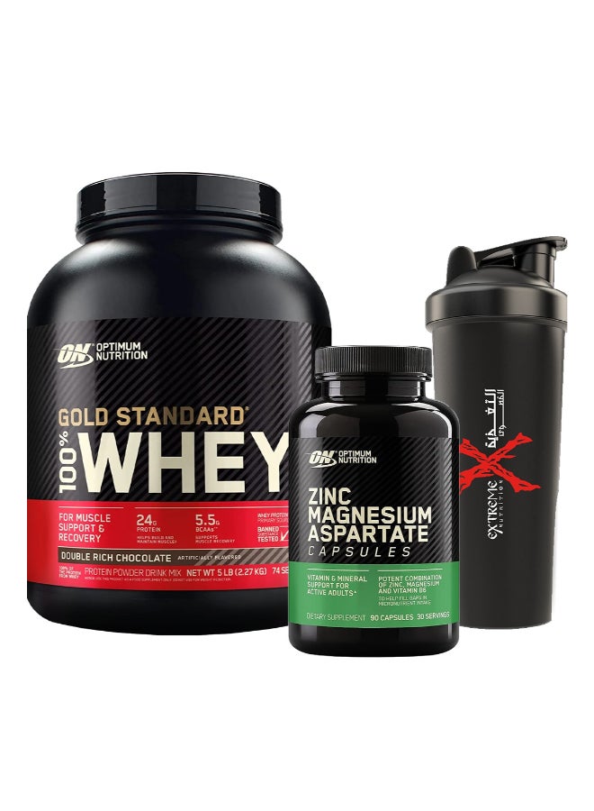 أوبتيموم نيوتريشن واي جولد ستاندرد شوكولاتة غنية مزدوجة [5 أرطال] + زمالة أوبتيموم مجانية [90 كبسولة] + هزاز مجاني - Image 1