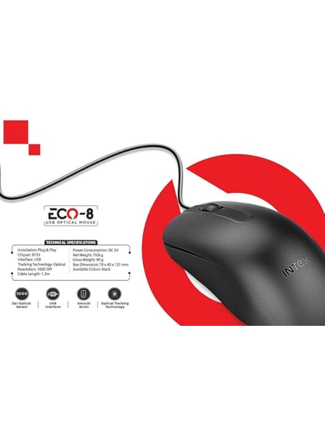 انتكس Renewed - ECO-8 USB 2.0 Wired Optical Mouse BLACK - Image 3