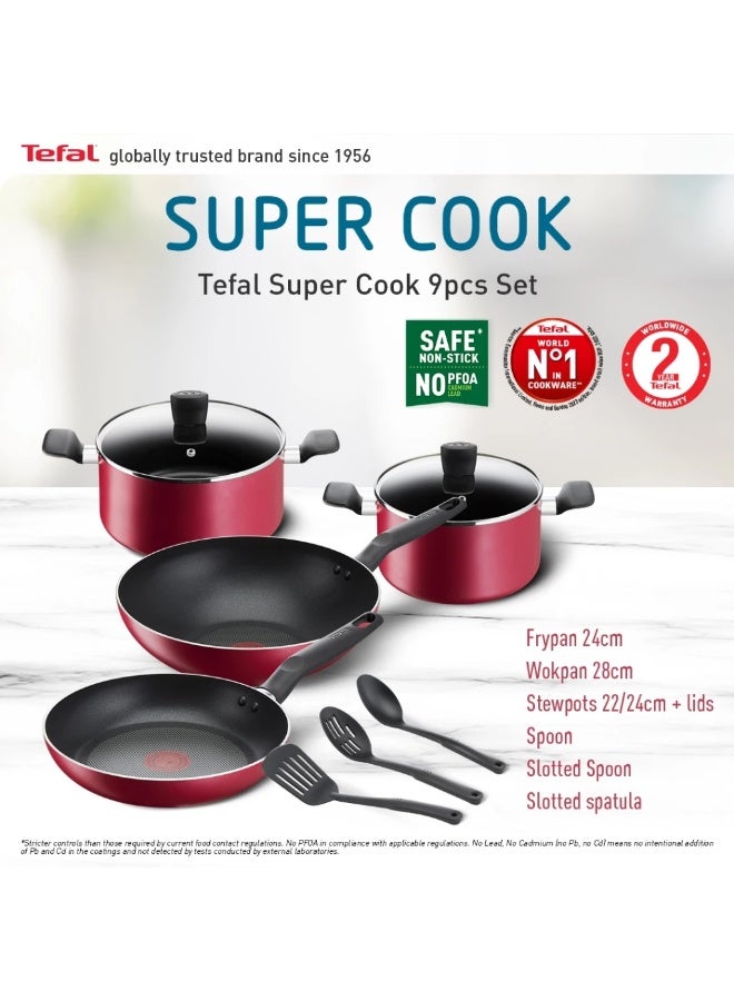 Tefal Supercook 9pcs set (Frypan 24cm, Wokpan 28cm, Stewpot 22cm And 24cm, 3 Spatulas) red 24cm, 28cm, 22cm & 24cm, 3 cmcm - Image 2